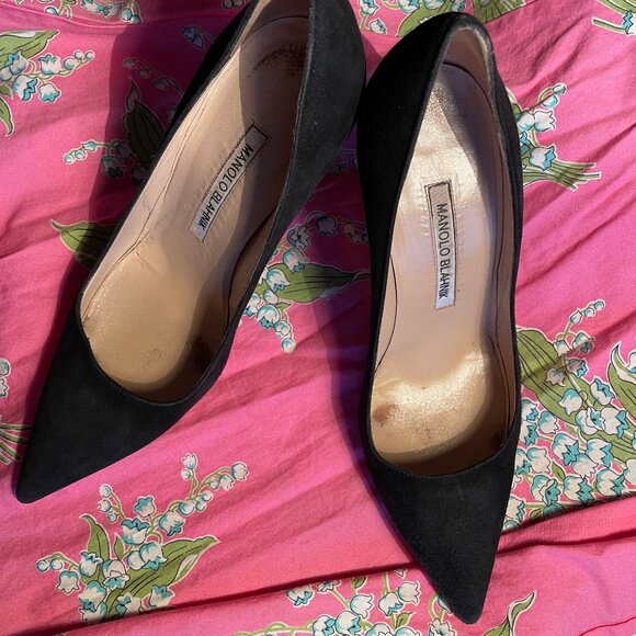 Black Suede Manolo Blahnik Stilettos 37.5 Heels - Picture 1 of 7